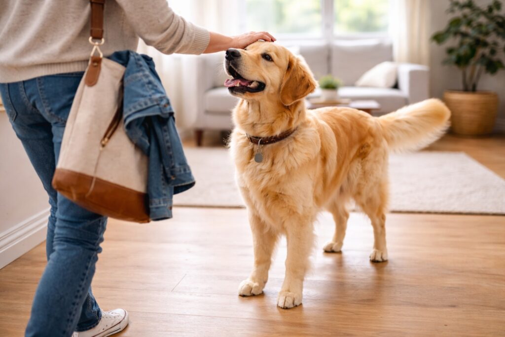 Calm dog greeting a guest politely with all four paws on the floor (1)