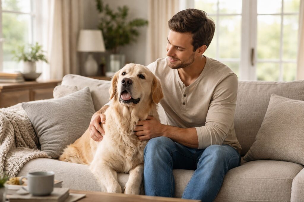 Calm dog sitting beside its owner at home in a relaxed indoor environment