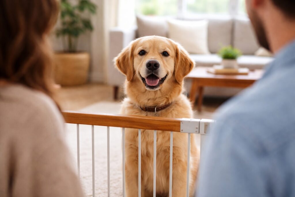 Dog behind a baby gate calmly observing guests entering the home