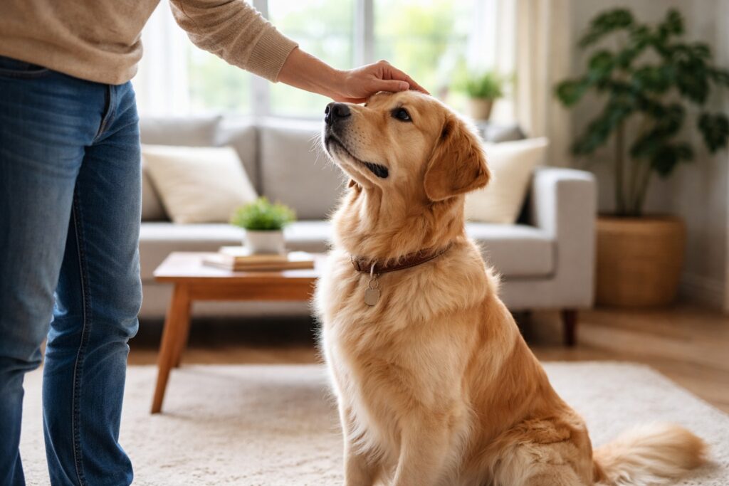Dog calmly sitting instead of jumping while greeting a person indoors