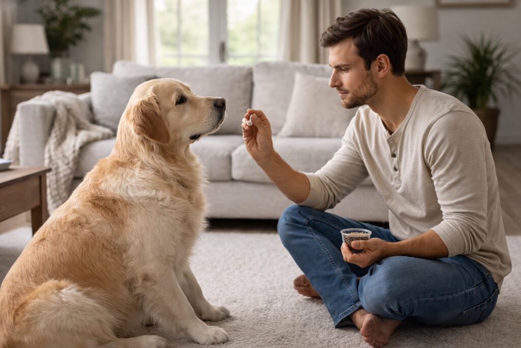 Dog focusing calmly on its owner during a quiet home training session