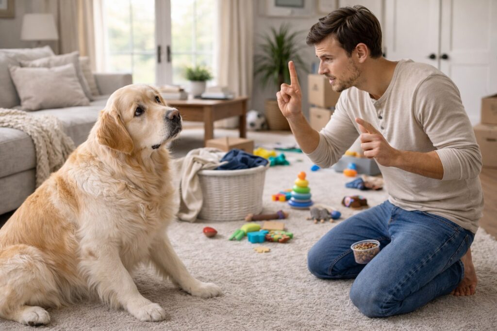 Dog looking confused due to inconsistent commands in a home setting