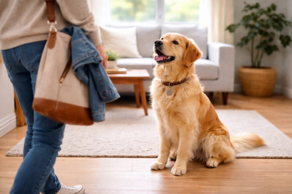 Dog remaining seated while a visitor approaches calmly