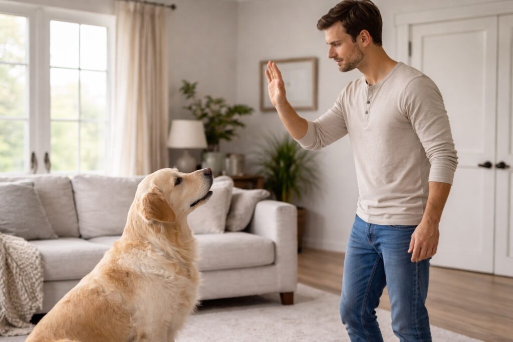 Dog responding to a hand signal during basic command training at home