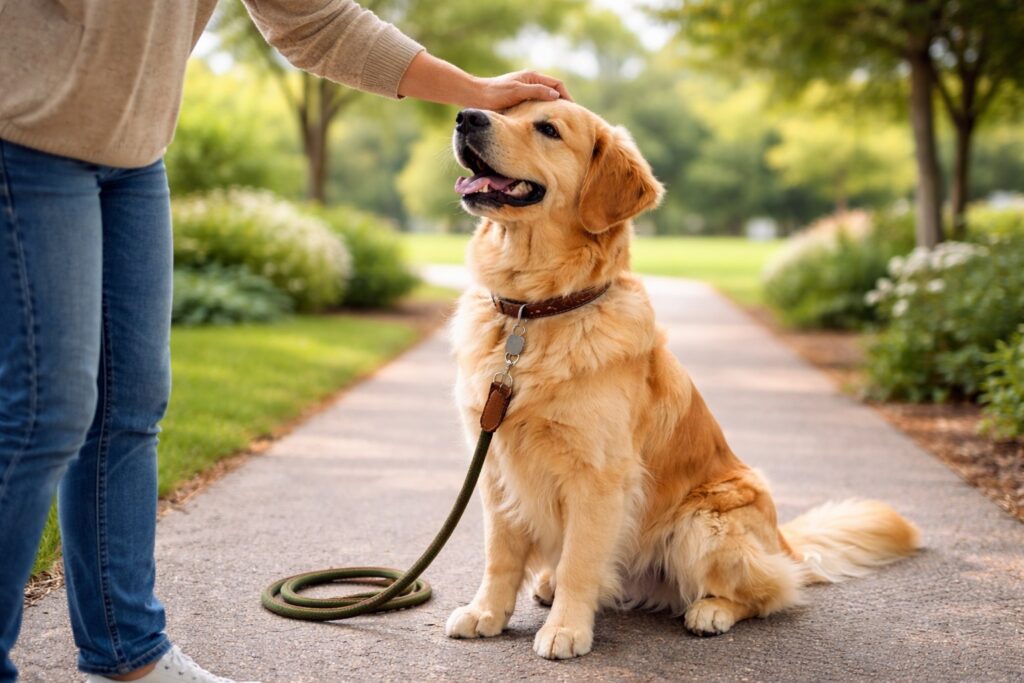 Dog sitting politely while meeting a person on a leash outdoors