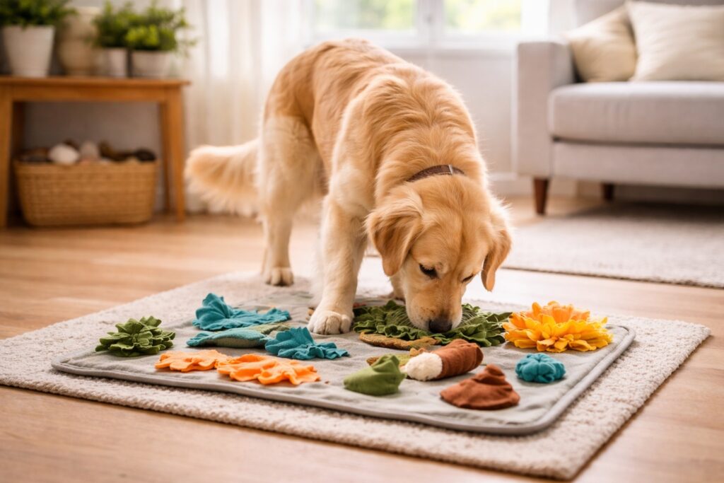 Dog using a snuffle mat for mental enrichment indoors