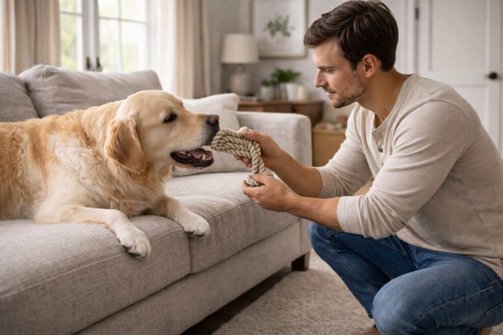 Owner calmly redirecting a dog from furniture to an appropriate toy