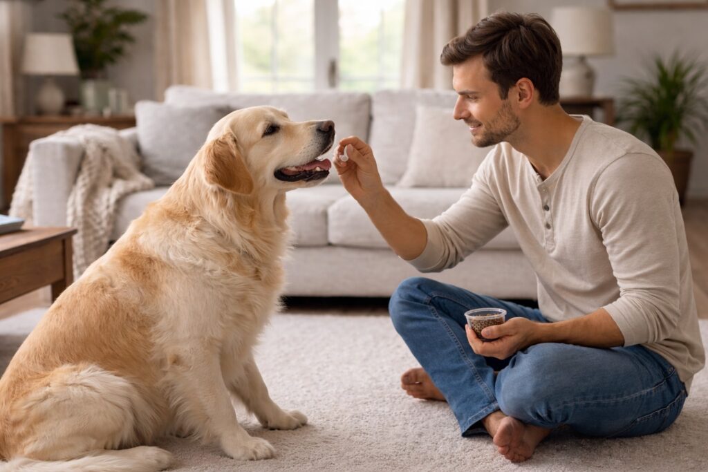 Owner rewarding a dog with a treat for good behavior at home