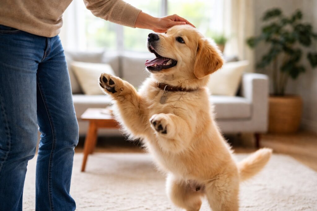 Puppy jumping excitedly toward a person during greeting at home