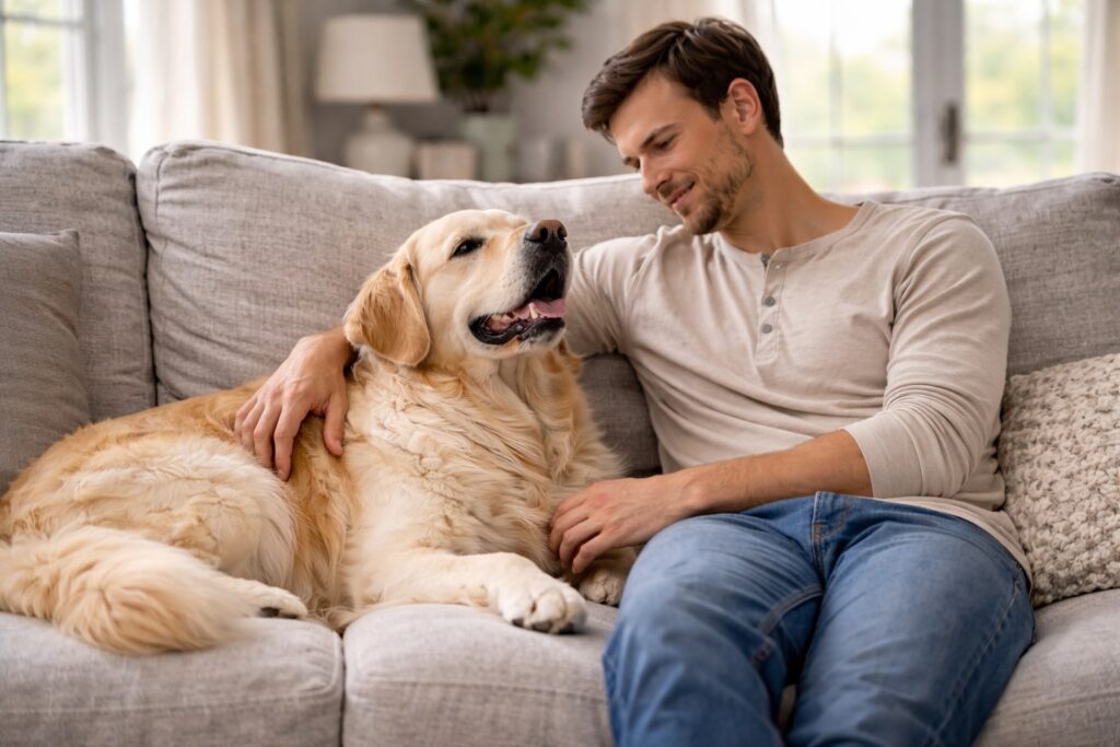 Well-trained dog resting calmly beside its owner at home