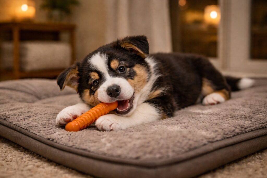 A calm puppy lying on a mat with a chew toy during a structured evening routine