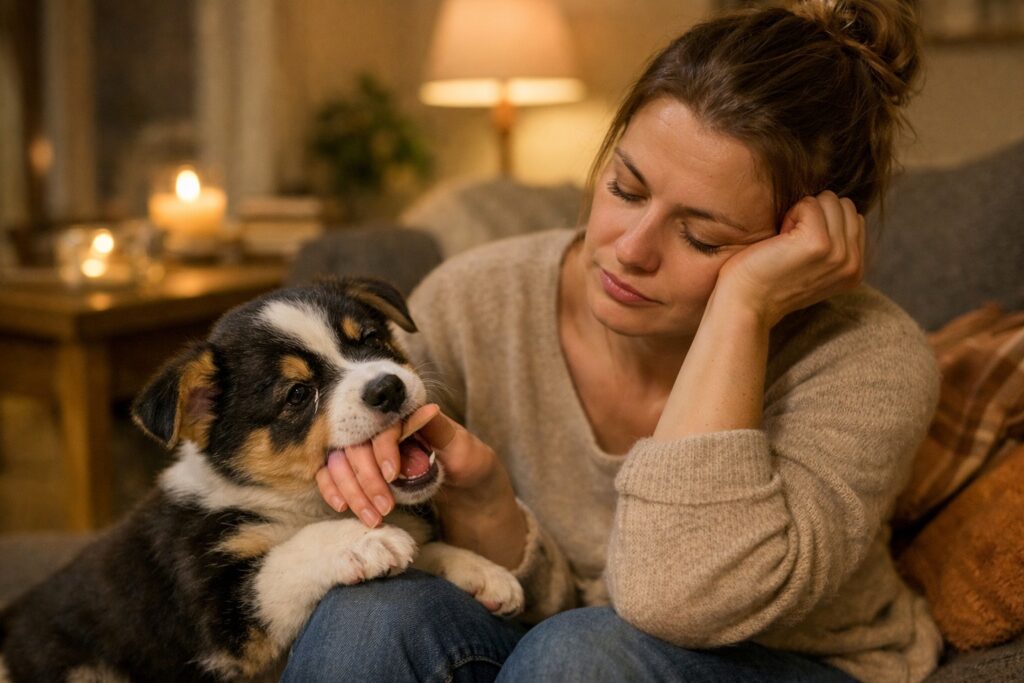 A puppy gently nipping its owner’s hand in the evening while the owner stays calm indoors