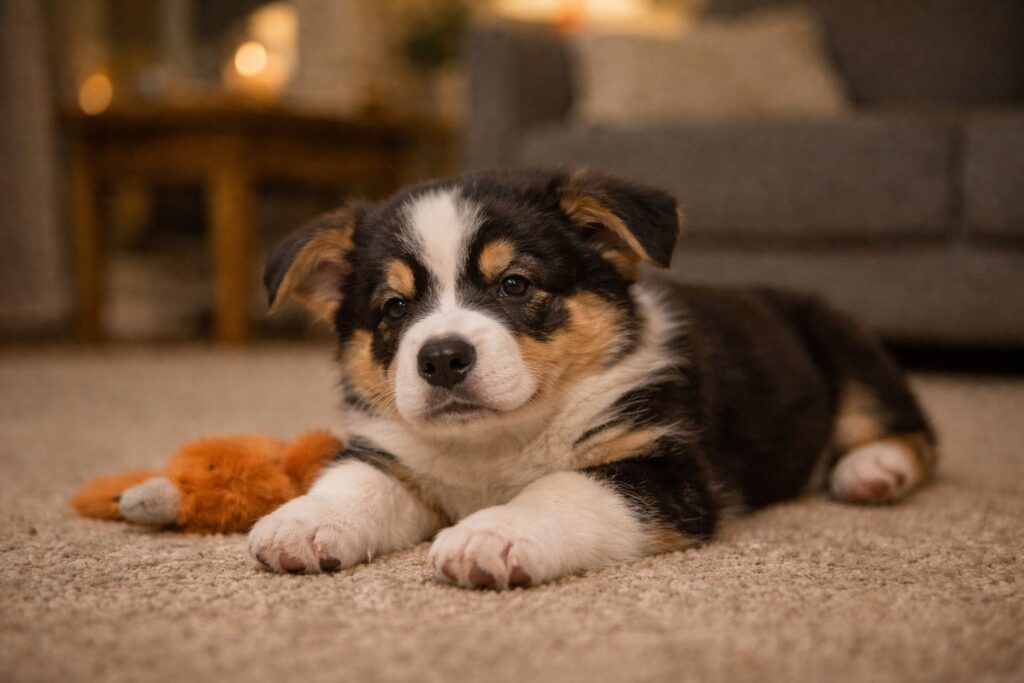 A tired puppy resting indoors in the evening showing signs of low impulse control