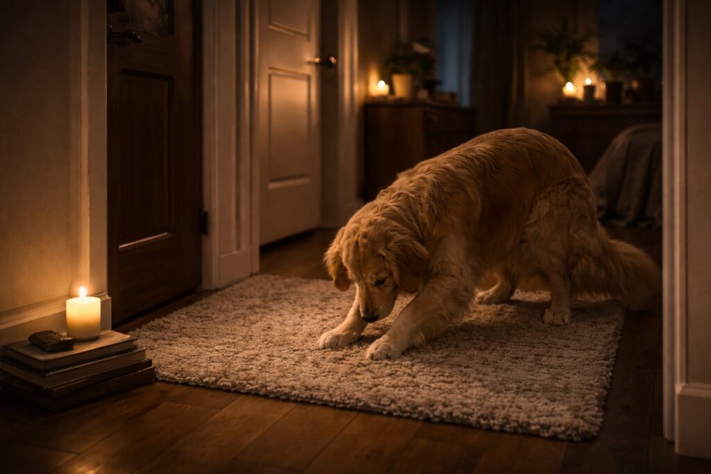 Anxious dog scratching carpet near a door at night