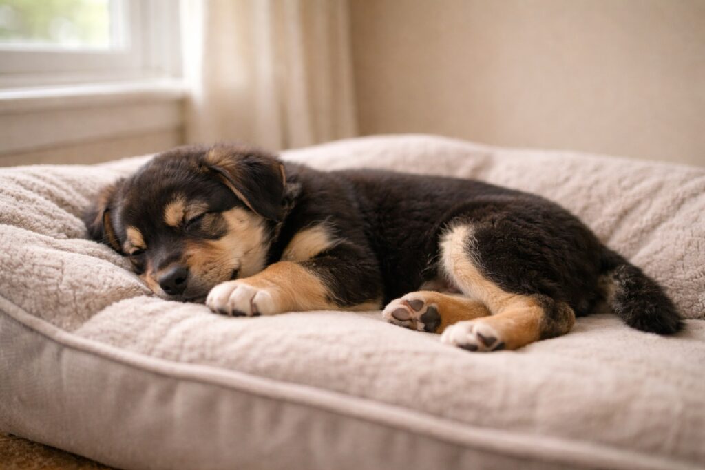 Calm and emotionally secure puppy resting comfortably at home