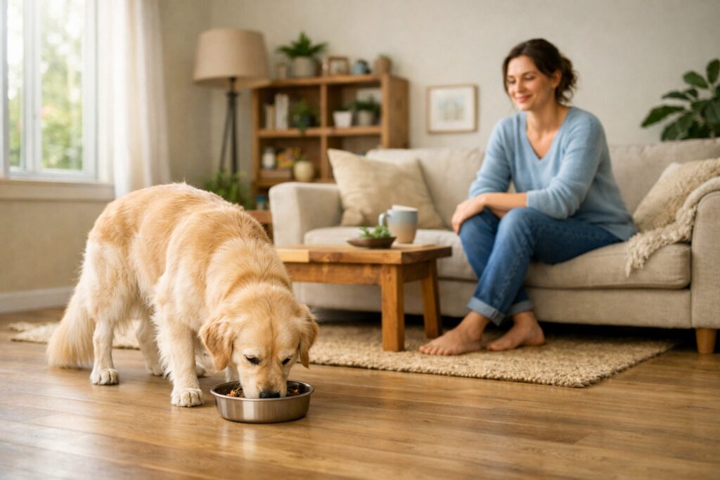 Calm dog eating safely to prevent dog food aggression