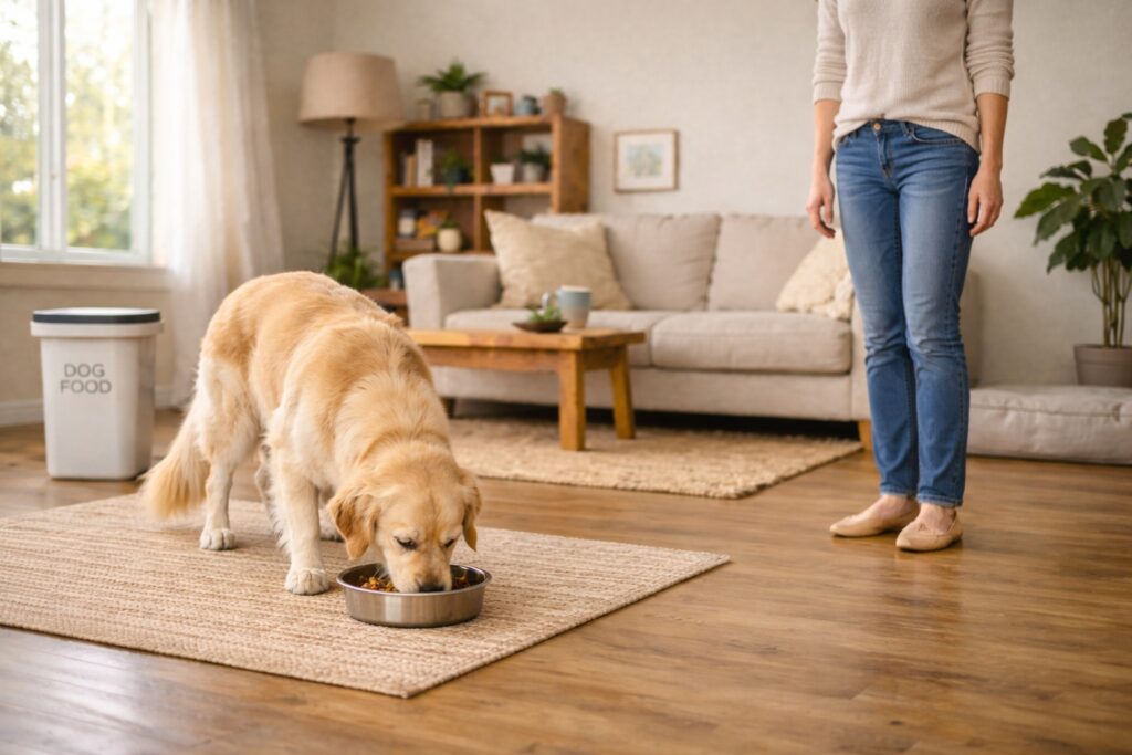 Calm feeding routine to reduce dog food aggression