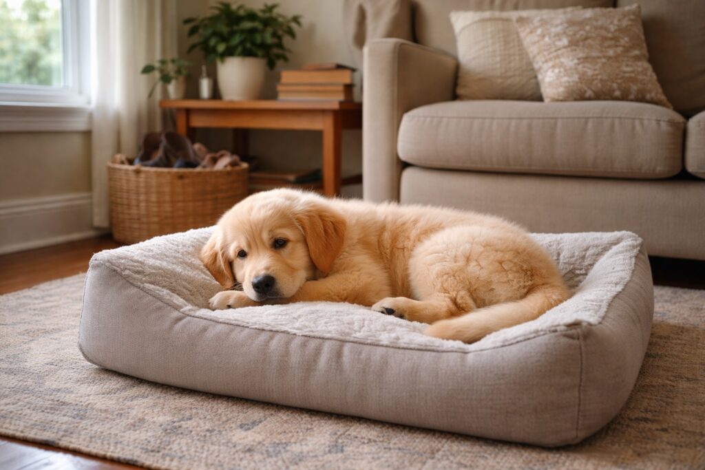Calm puppy resting safely during early stabilization stage of separation training