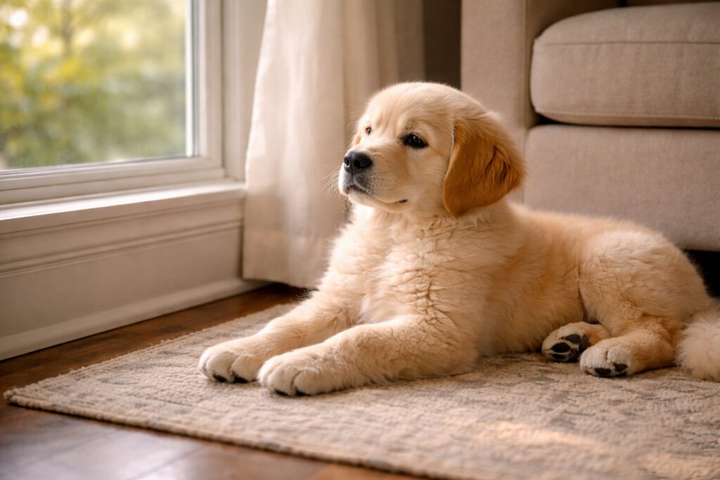 Confident and emotionally secure puppy resting calmly at home