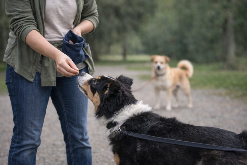 Dog receiving reward for calm behavior around another dog at safe distance