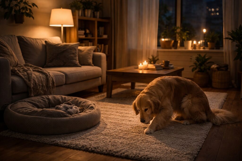 Dog scratching carpet at night in a quiet living room