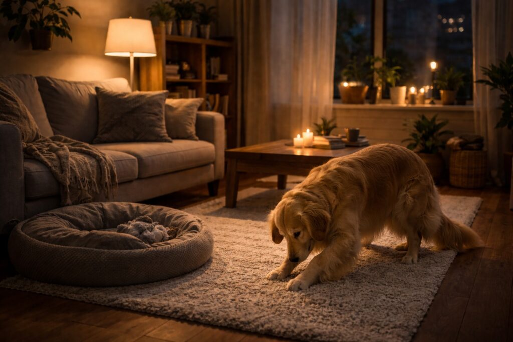 Dog scratching carpet due to natural digging instinct