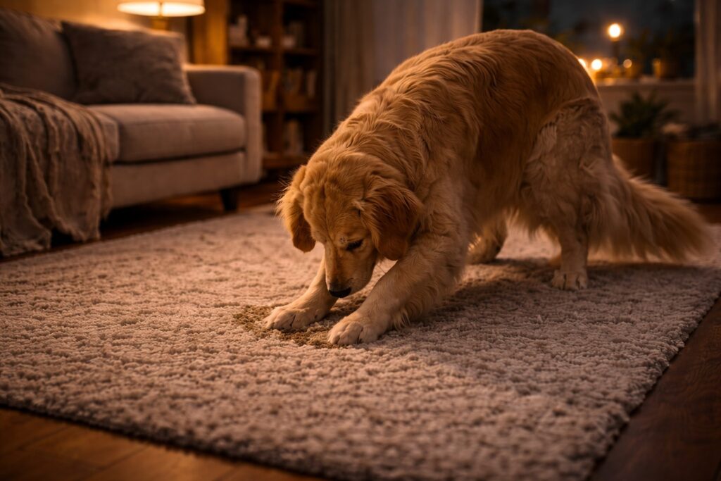 Dog scratching carpet due to smells or sounds under the floor
