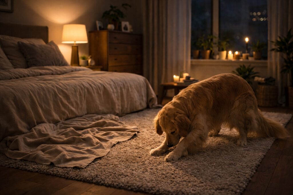 Dog scratching carpet to create a sleeping nest