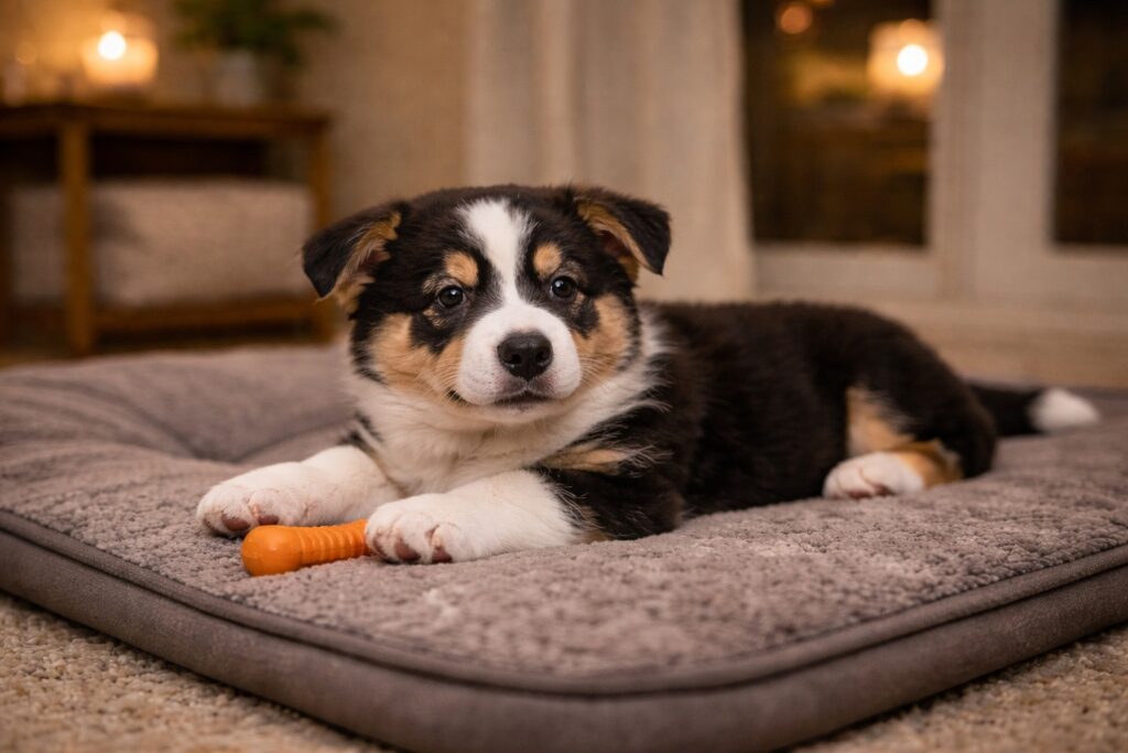 Older puppy resting calmly indoors in the evening after improved behavior