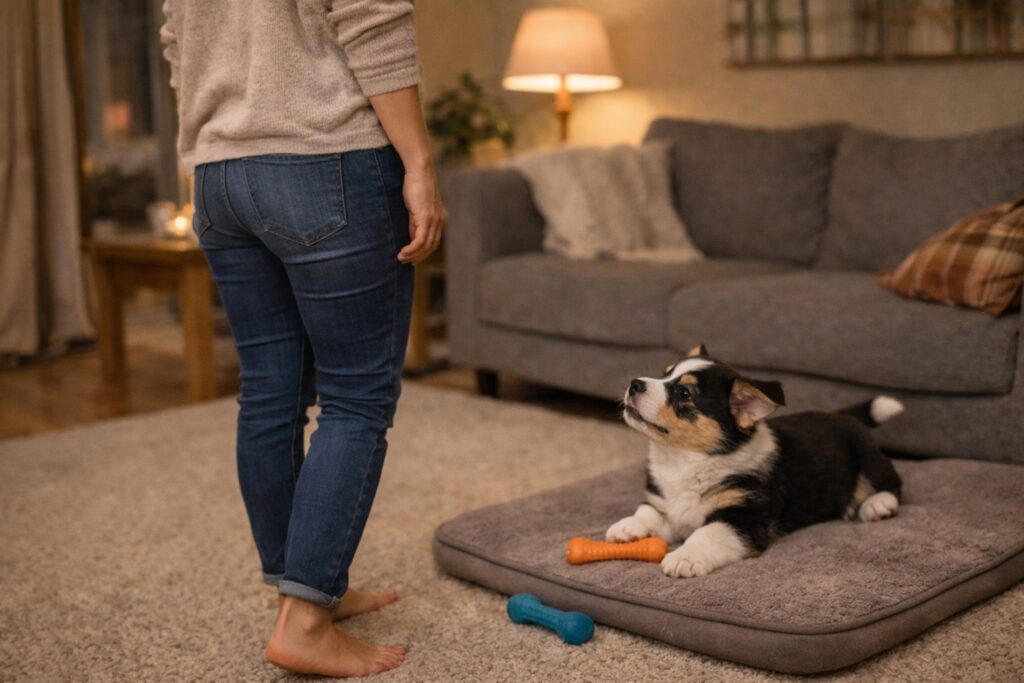 Owner calmly disengaging from a puppy that starts biting during evening interaction