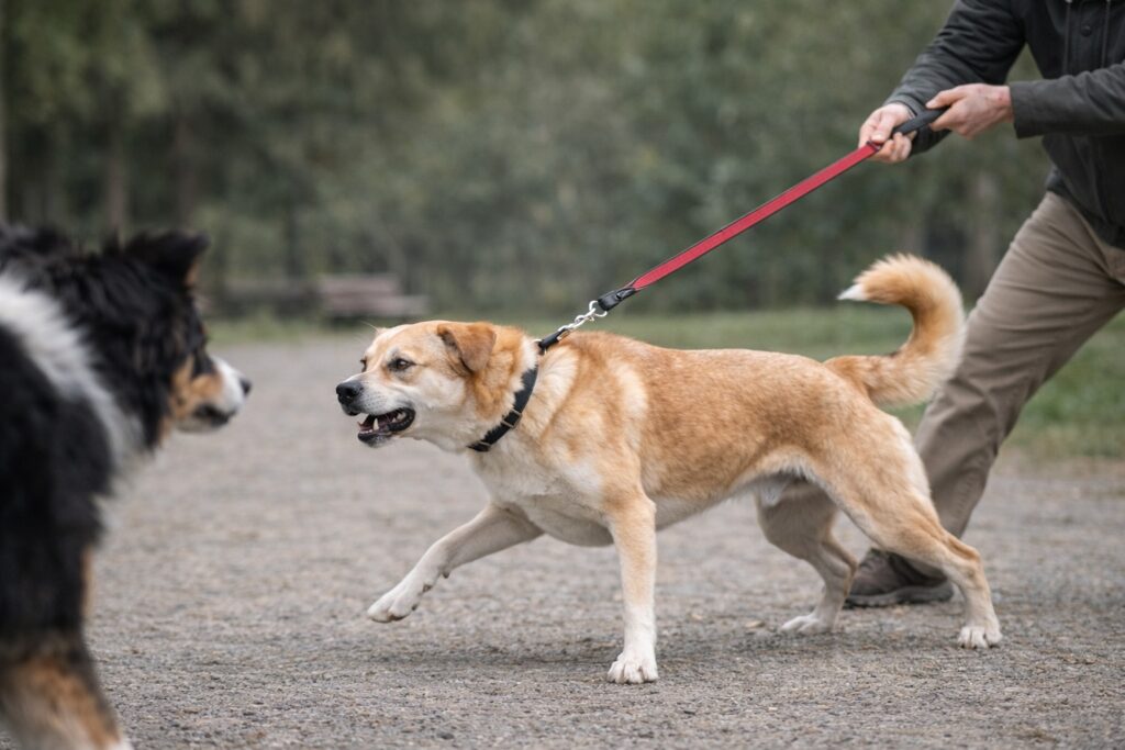 Owner pulling leash while reactive dog lunges toward another dog