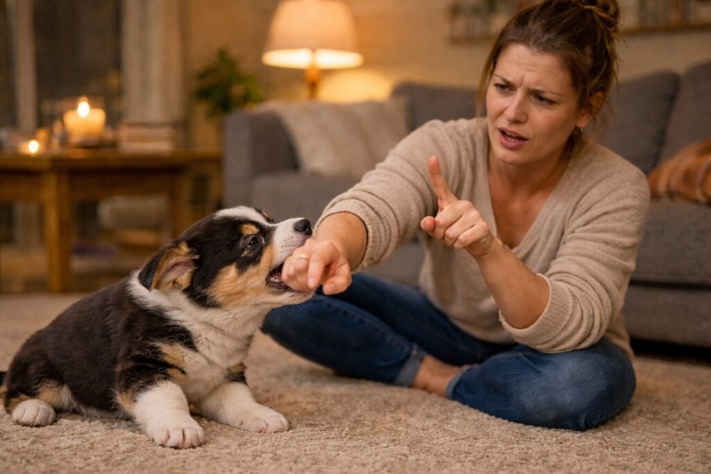Owner reacting emotionally to a puppy nipping during evening playtime