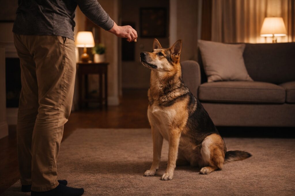 Owner rewarding calm dog