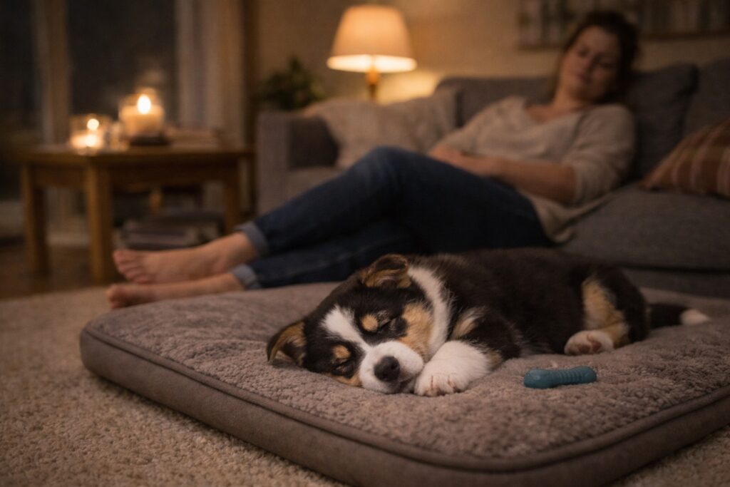 Peaceful nighttime scene with a puppy sleeping comfortably while the owner relaxes nearby