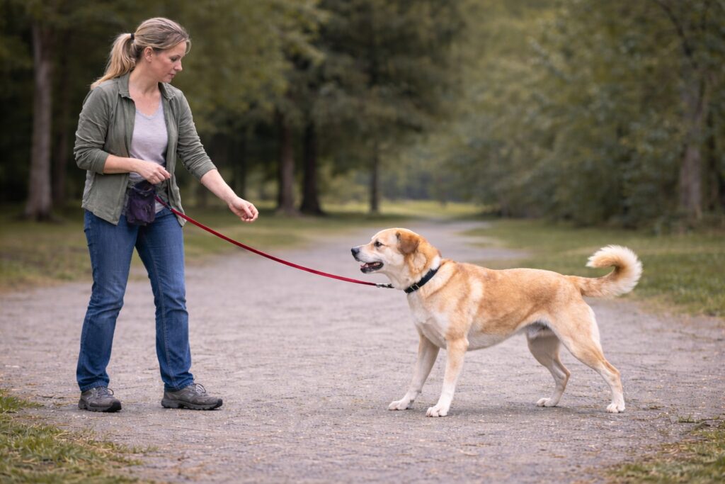Professional dog trainer guiding behavior modification session for reactive dog
