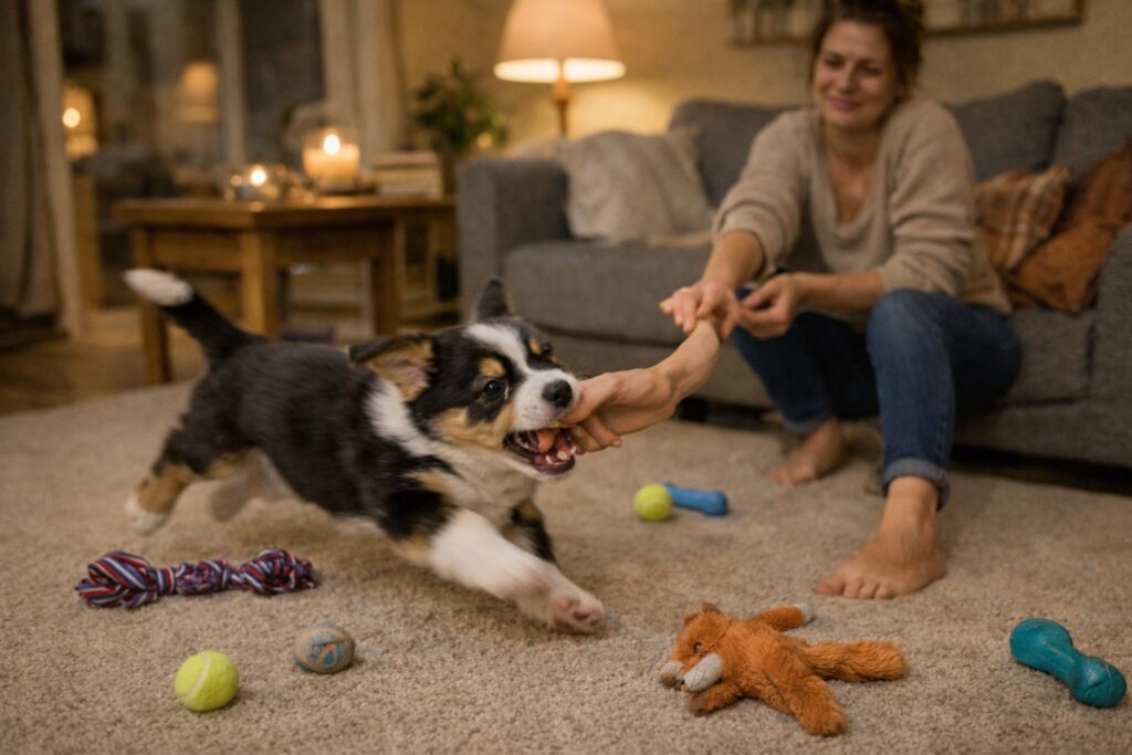 Puppy biting more in the evening during indoor play due to overstimulation and fatigue