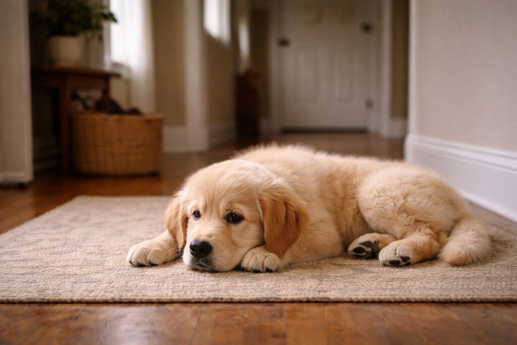 Puppy building tolerance during gradual duration expansion training