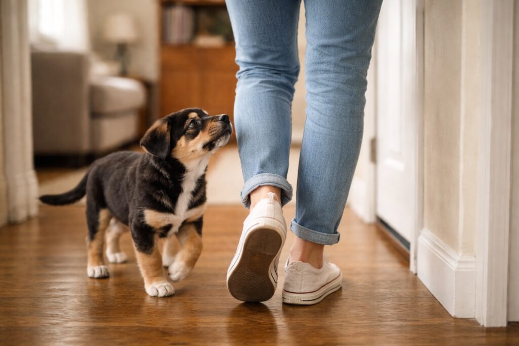 Puppy forming strong attachment bond with its owner during early development