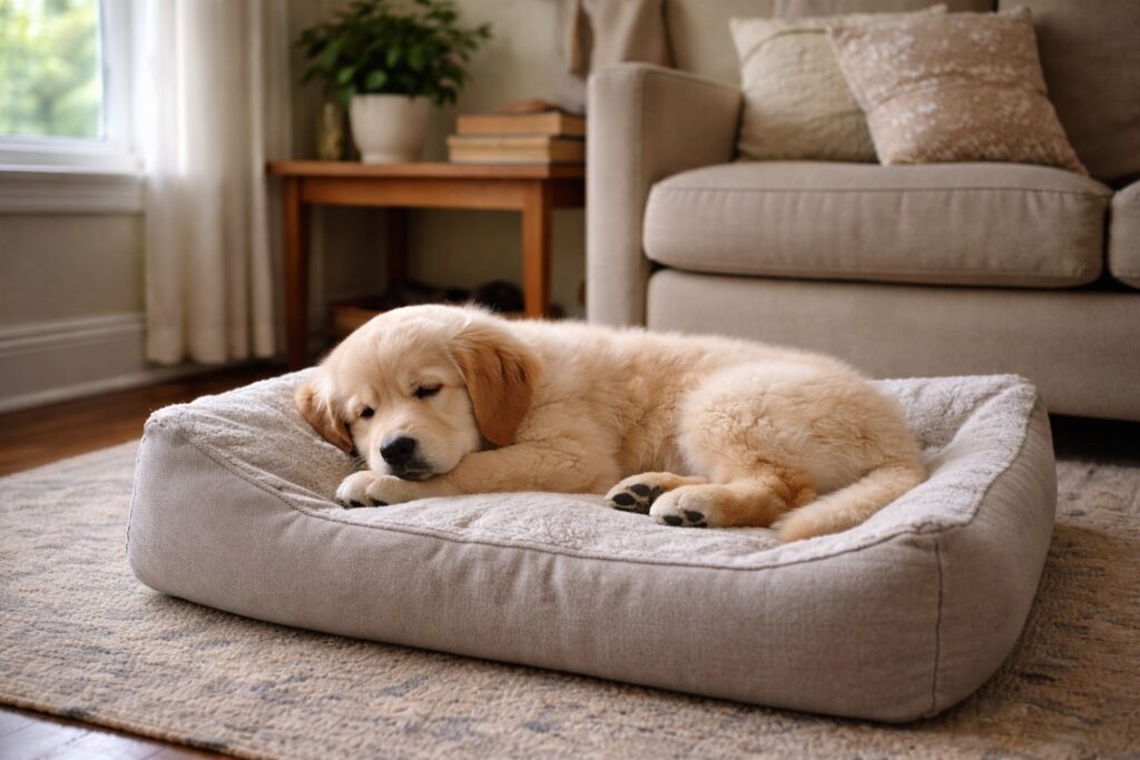 Puppy maintaining emotional balance during structured separation anxiety training