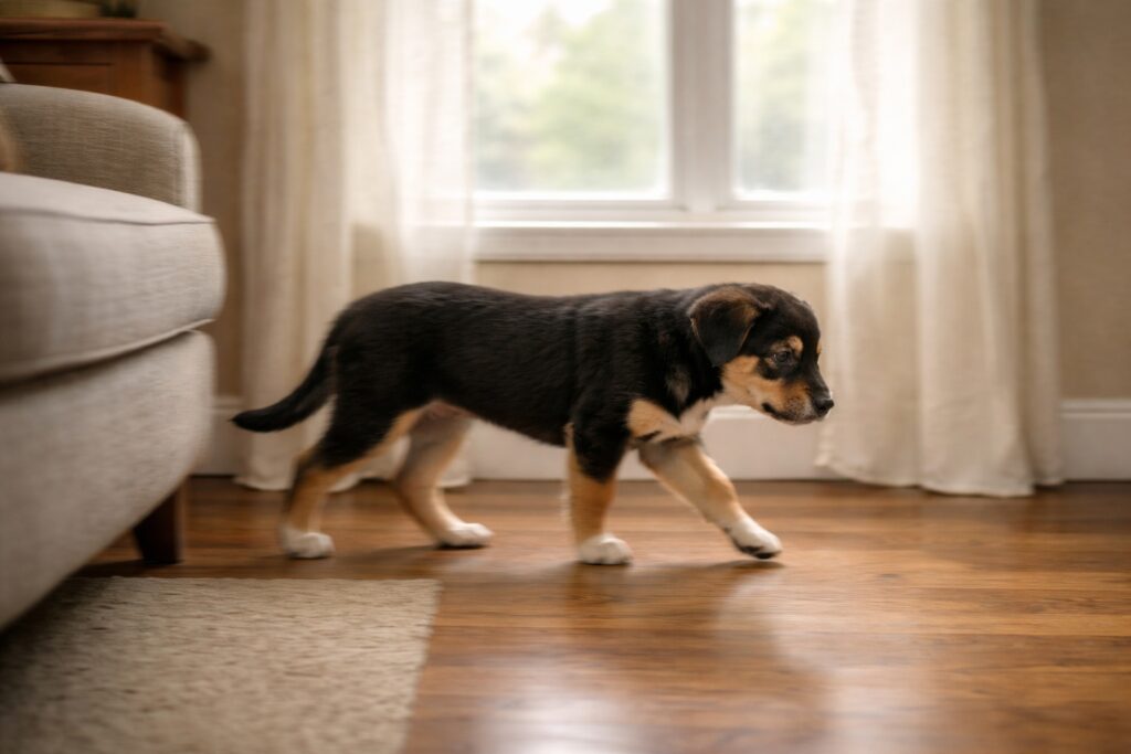 Puppy pacing repeatedly near a window during owner absence