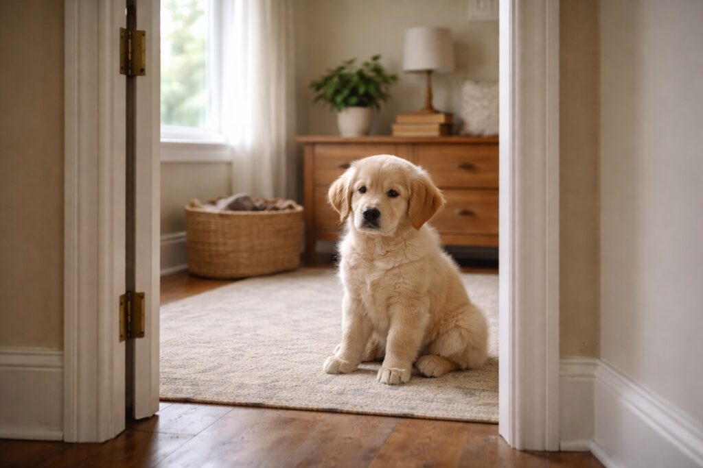 Puppy remaining calm during short controlled absence exercise