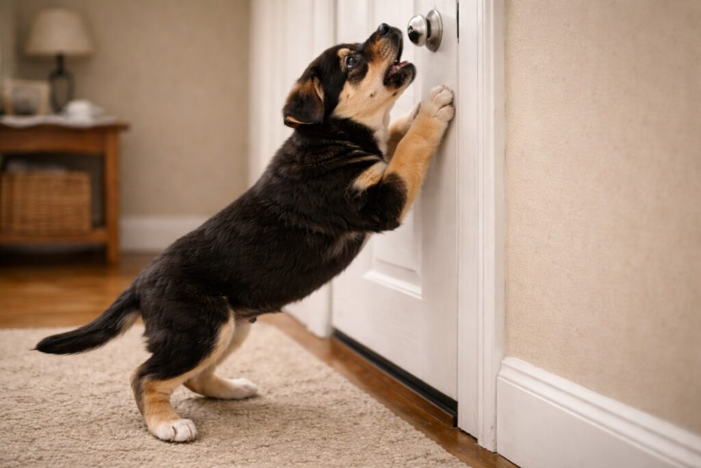 Puppy scratching near exit door showing escalating separation distress