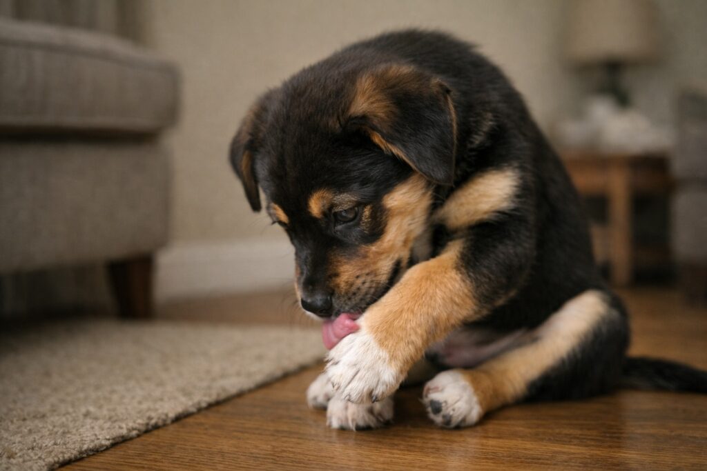 Puppy showing subtle anxiety behavior like excessive paw licking