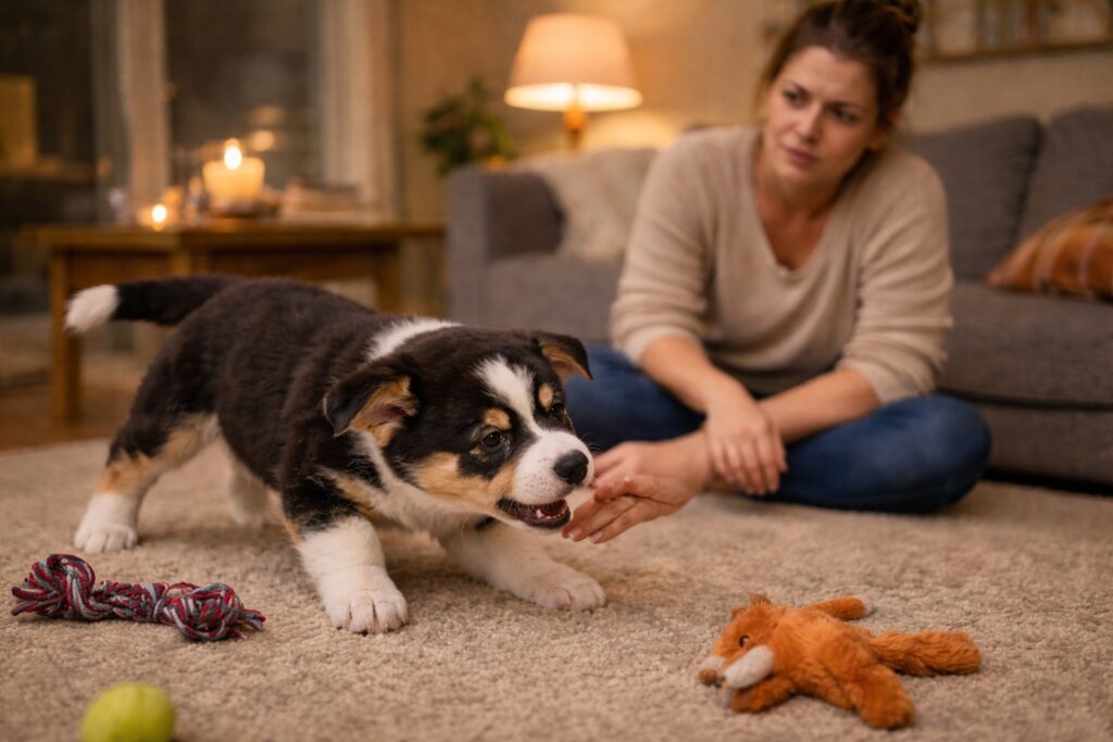 Puppy showing tense body language and stress signals while biting in the evening
