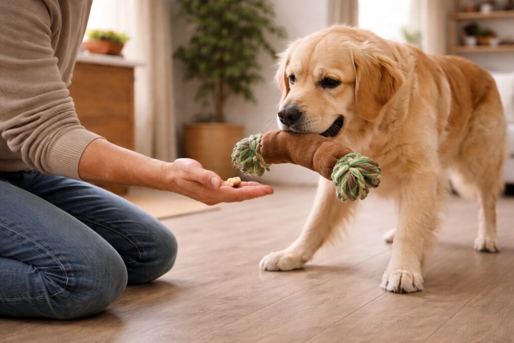 Trade-up training teaching dogs to give up items safely