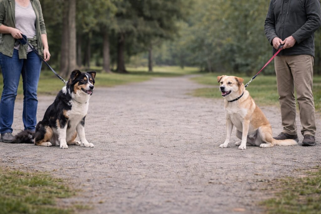 Two dogs kept at safe training distance to prevent reactive behavior