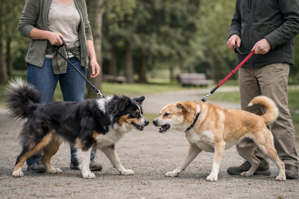 Two dogs reacting to each other on leash in a park while owners maintain distance