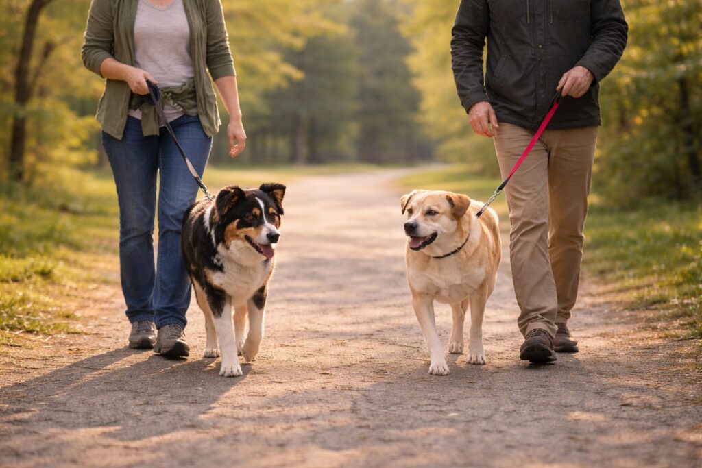 Two dogs walking calmly together after successful behavior training