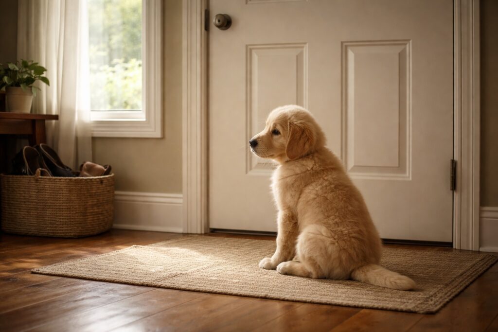Young puppy showing early signs of puppy separation anxiety while sitting alone by the door