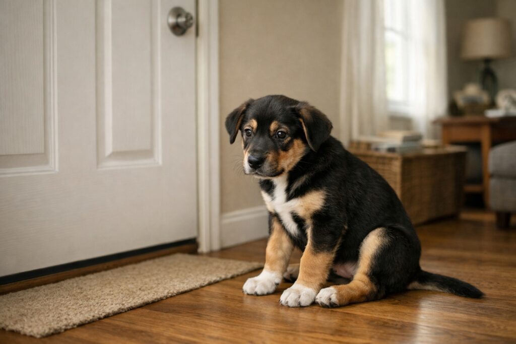 Young puppy showing early signs of puppy separation anxiety while sitting alone near the door